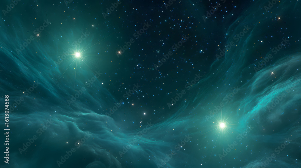 Fototapeta premium Teal And Green Cosmic Nebula With Bright Stars In Dark Space