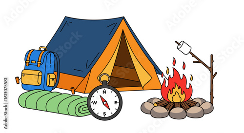 Camping adventure illustration featuring a tent, backpack, sleeping bag, compass, campfire, and marshmallow, perfect for travel blogs, outdoor gear websites, and adventure publications.