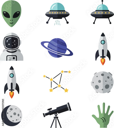 Explore the cosmos with these vibrant space icons including aliens, rockets, astronauts, and planets.