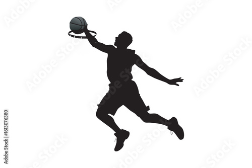 Silhouette of a basketball player jumping to dunk the ball isolated on white background showcasing athleticism skill and the excitement of the sport of basketball