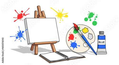 Artistic creation with an easel, blank canvas, paint palette, brush, and colorful splatters, symbolizing creativity.