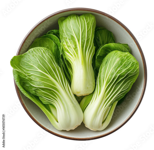 Fresh raw bok choy vegetables in a ceramic bowl on transparent background studio shot