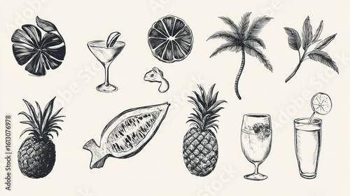 Vector hand drawn tropical summer icon set
