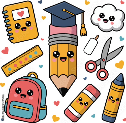 Adorable kawaii school supplies featuring a graduation cap on a pencil