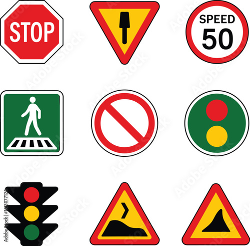 Collection of common road traffic signs and signals for safe driving