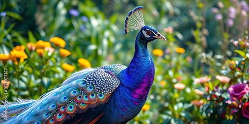 Holographic peacock with iridescent feathers, surreal garden setting, exotic, reflective