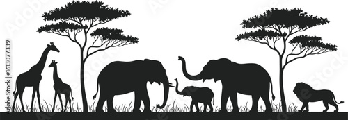 African Safari Silhouette Scene with Elephants, Giraffes, Lions, and Acacia Trees – Wildlife Vector Illustration for Nature and Travel Themes