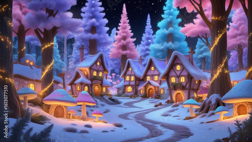 Beautiful pastel fantasy forest village with glowing fairy lights and snowy path, ideal for storybook art, magical prints, and cozy winter scenes.