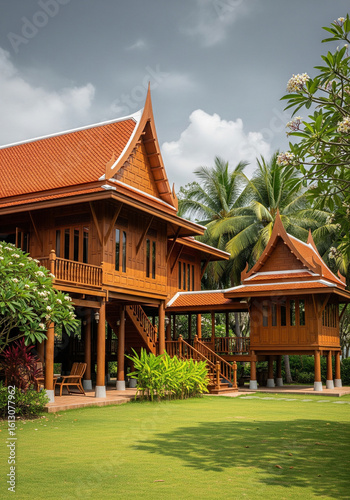A Beautiful and Detailed Thai Colonial Wooden House in a Tropical Garden