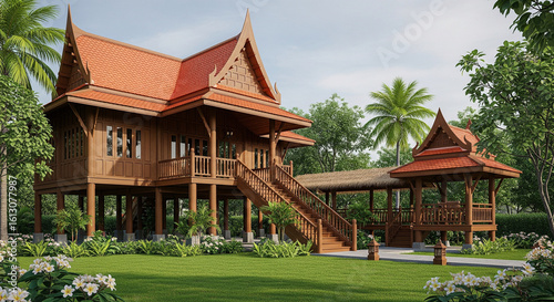 A Beautiful and Detailed Thai Colonial Wooden House in a Tropical Garden..