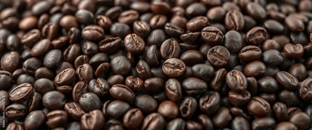 Fototapeta premium Rich, dark coffee beans close-up, showcasing texture and detail, aroma, roasted coffee beans