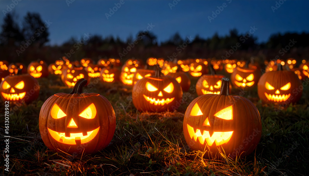 Fototapeta premium Halloween pumpkins in field at night