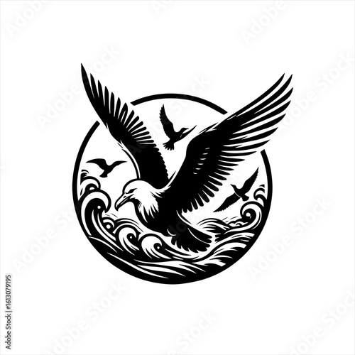 Eagle soaring over waves isolated