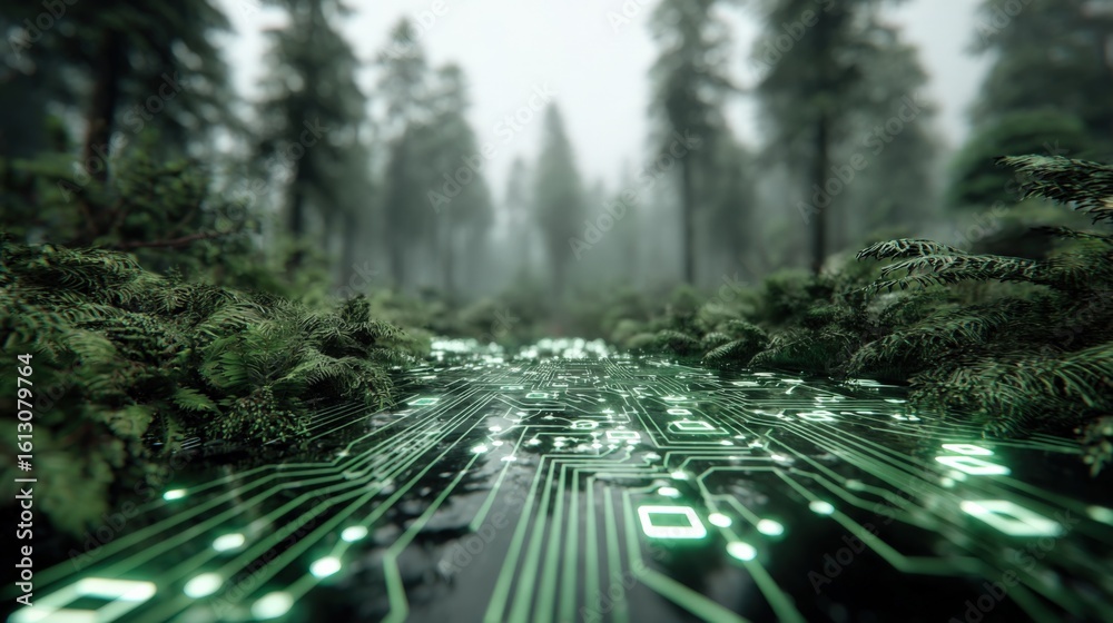 Obraz premium Stunning futuristic digital forest with glowing circuit board pathway surrounded by lush green trees and misty atmosphere in nature scene