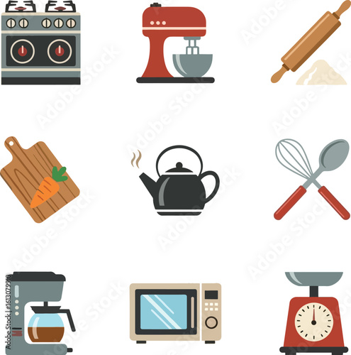 Vibrant kitchen icons showcase essential cooking tools for a modern culinary experience