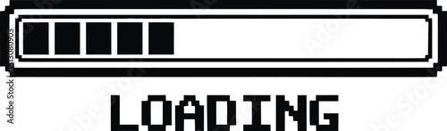 A black and white pixel art illustration of a progress bar with the word LOADING underneath, evoking a retro video game aesthetic.