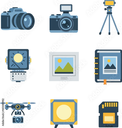 Essential photography gear collection including cameras, drone, tripod, and memory card for creative projects