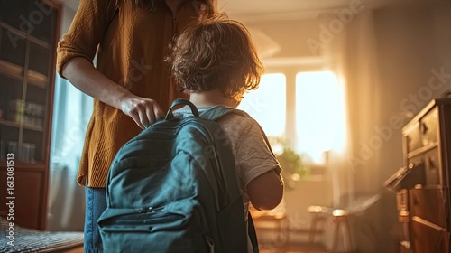 Back view of happy child with school bag getting ready for school, mother helping pack backpack in cozy bedroom with soft morning sunlight, symbolizing parental care and back to school moment