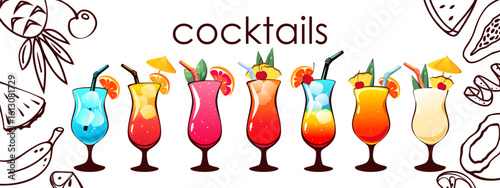 Background with alcoholic cocktails. Blue lagoon, pina colada, sea breeze, Bahama Mama. Vector illustration.