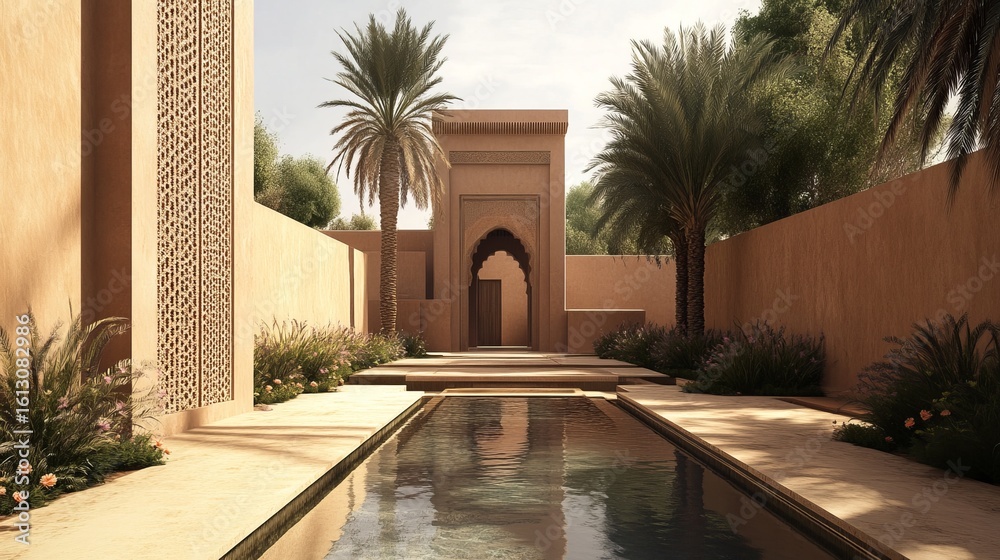 Obraz premium Serene courtyard featuring a reflecting pool, arched entrance, palm trees, and textured walls