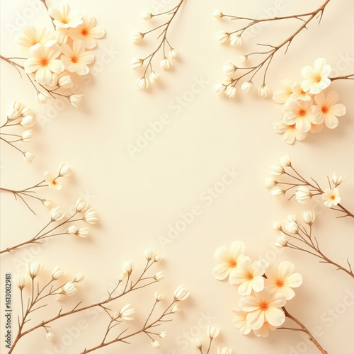 floral flatlay featuring delicate cream-colored blossoms and budding branches arranged symmetrically around the edges of a soft beige background, creating an elegant frame with open space in center