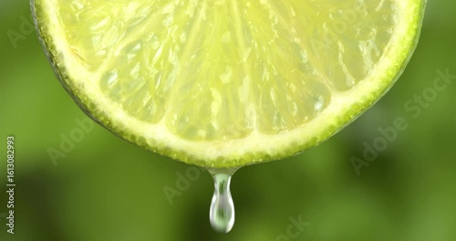 Slice of lime on a green background, lime juice drips and drops.