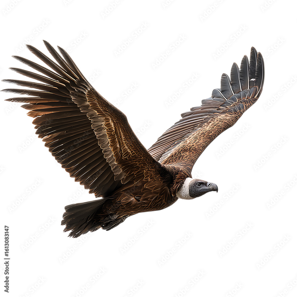 Obraz premium A majestic vulture soars through the sky with its wings spread wide on transparent background