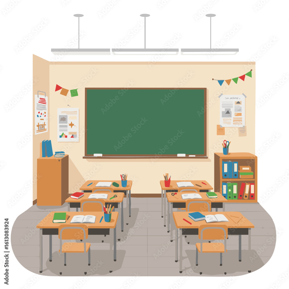 Elementary classroom with desks, chalkboard, and books Elementary classroom with desks, chalkboard, and books