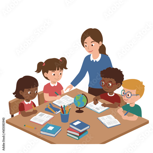 Teacher helping students at classroom learning table