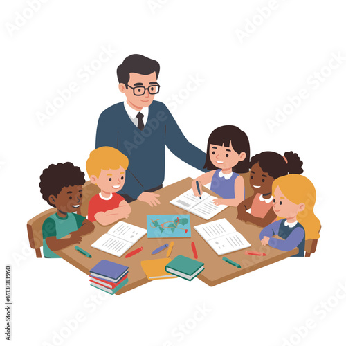 Teacher helping students at classroom learning table