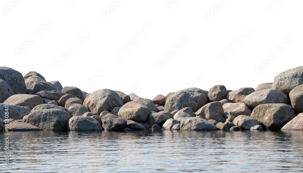 Obraz premium River flows gently along rocky shore with large gray stones. Tranquil scene with river reflecting light blue sky hues. Panoramic view of rugged shoreline and water body.