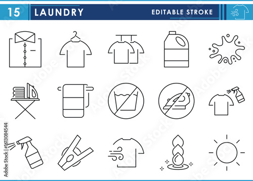 A set of line icons related to Laundry. Wash, clean, bleach, shirt, iron, dry, and so on. Vector editable stroke.