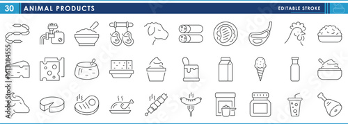 A set of line icons related to Animal Products. Animal, meat, dairy, milk, yogurt, ice cream, cheese, and so on. Vector editable stroke.