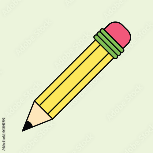 Illustration of a yellow pencil with a pink eraser and green details. The minimalist flat style is suitable for themes such as education, writing, studying, or school stationery.Illustration of a yell