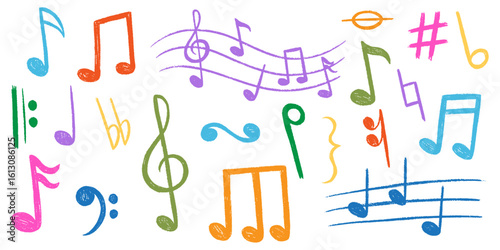 Crayon colored music notes set. Chalk doodle musical symbols collection. Kids pencil textured symbols. Charcoal brush scribbled music signs bundle. Sound elements. Hand drawn vector illustration  
