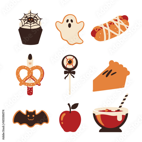 Halloween and Autumn Food Illustrations Set: Spooky Treats, Desserts, and Festive Snacks Collection