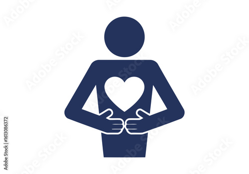 Vector illustration of a dark blue silhouette of a person holding their hands over their chest, revealing a white heart
