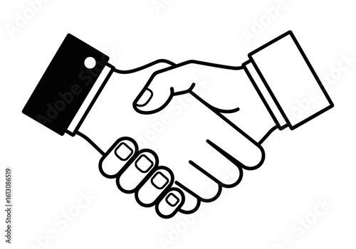 Vector illustration of a black and white line drawing of two hands shaking, symbolizing a business deal or agreement, isolated on a white background