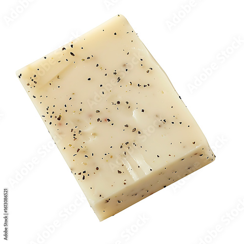A bar of soap with embedded black specks, likely natural ingredients, against a white background.