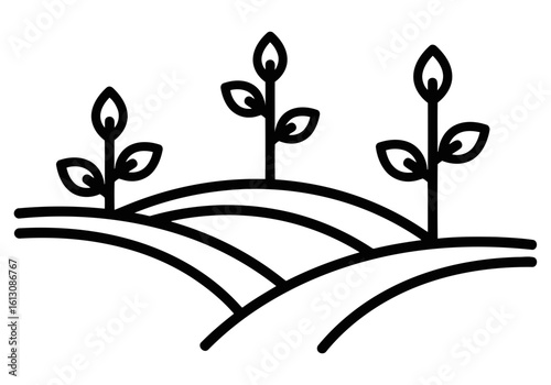 Vector illustration of three young plants grow on rolling hills in a stylized line art illustration