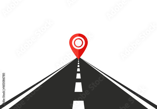 Vector illustration of a road stretching into the distance with a red location pin marking the way forward