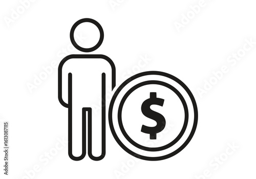 Vector illustration of a person stands next to a large coin with a dollar sign, representing financial concepts and monetary value