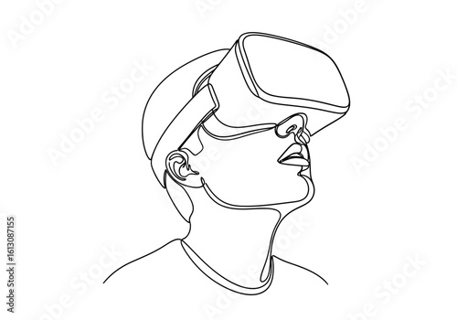 Vector illustration of a minimalist line drawing of a person wearing a virtual reality headset