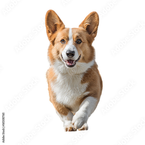 A happy pembroke welsh corgi dog runs forward with its ears perked up on transparent background