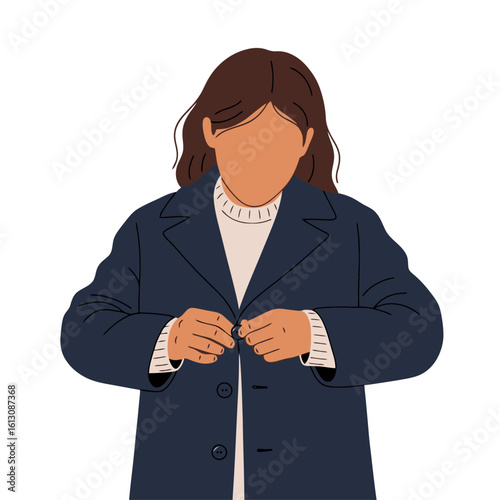 Stylized illustration of a person buttoning a dark blue coat. Concept of getting dressed, preparing for cold weather, or daily routine.