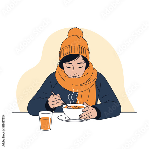 Winter warmth: Illustrated person enjoying a hot bowl of soup and a drink