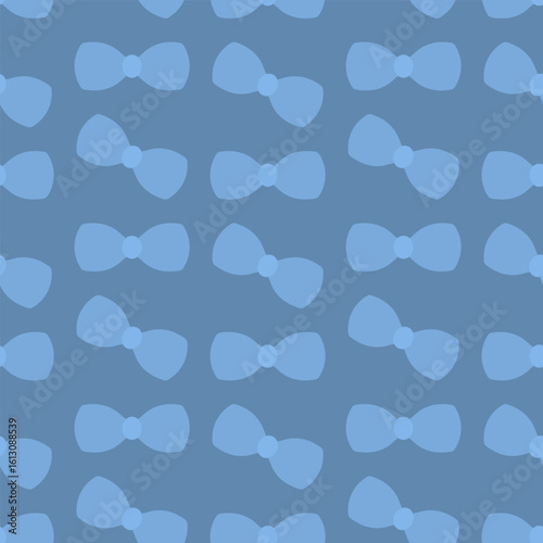 Blue bow. Chaotically scattered bows. Seamless vector pattern. Endless ornament of cute bow ties. Isolated blue background. Idea for web design.