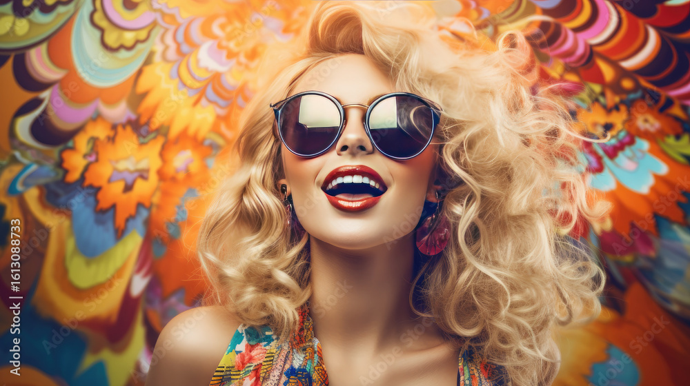 Fototapeta premium Smiling Fashion Model with Curly Blonde Hair and Sunglasses, AI Generated Portrait