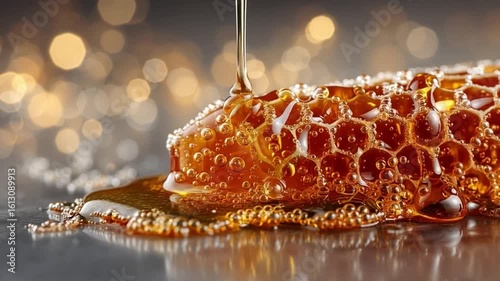 A close-up of golden honeycomb with honey dripping and glistening bubbles, creating a rich and appetizing texture.