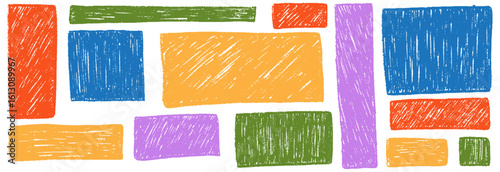 Crayon square and rectangle text boxes. Childish frames, rough texture banners. Kid drawn basic geometric shapes. Vector hand drawn crayon colored grunge brush rectangle border. Memo stickers, notes